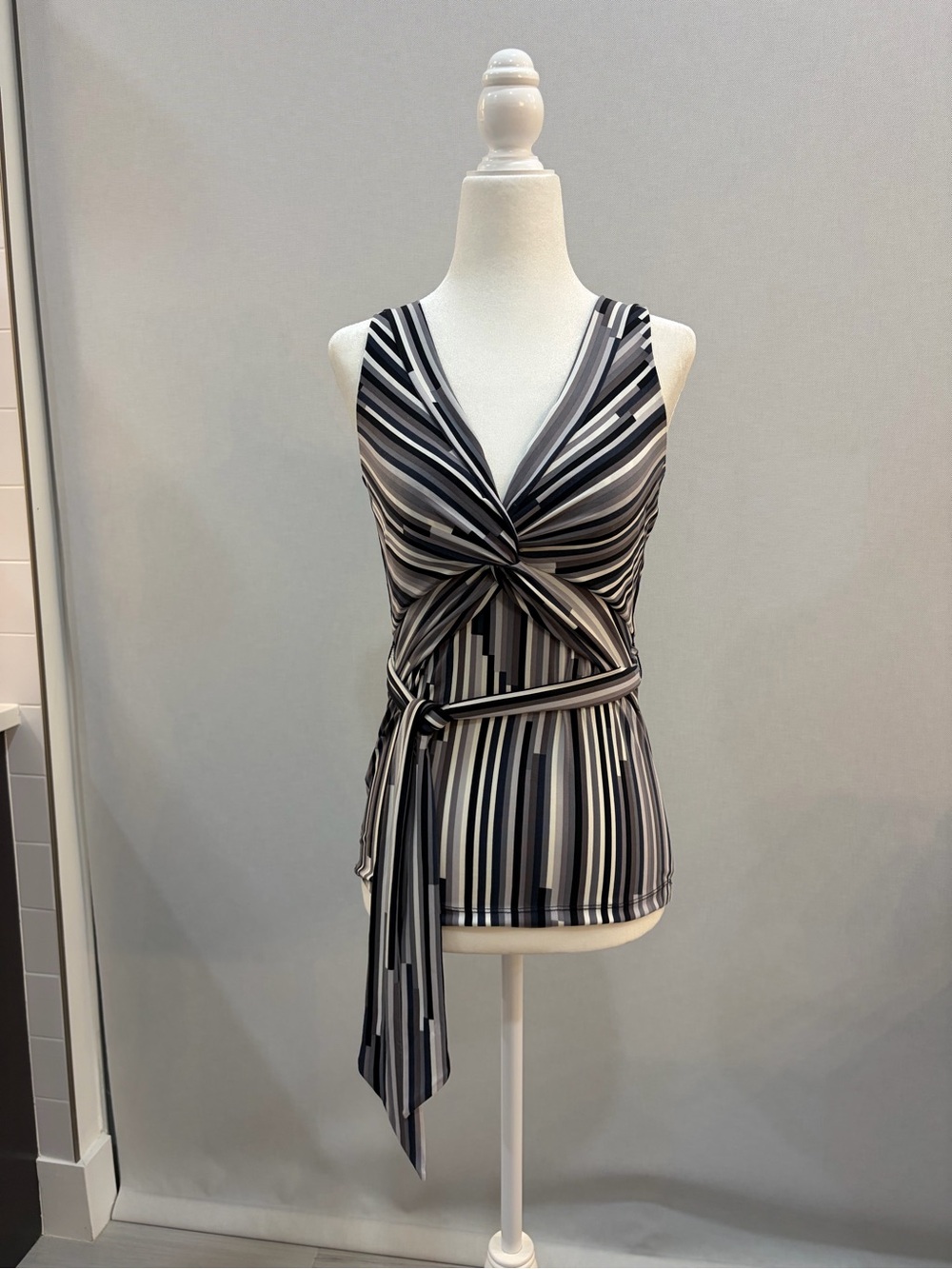 BCBGMaxAzria Black & White Striped Twist-Front Tank